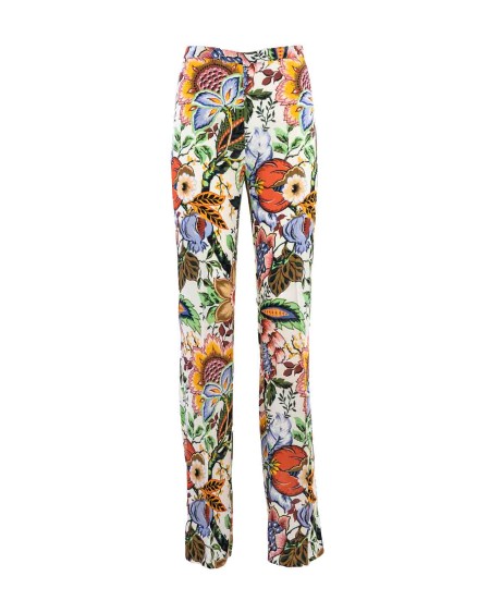 Shop ETRO  Trousers: Etro multicolored bouquet trousers.
Slim-fit palazzo trousers with pressed crease.
Made of stretch sablé with an all-over multicolor bouquet-inspired print.
97% viscose, 3% elastane.
Slim fit.
High waist.
Zipper closure on the back.
Made in Italy.. WREA0006 99SPD52-X0800